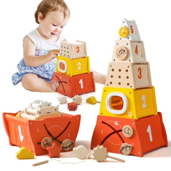 WOODEN TEETHER Stacking and Nesting Boxes Toy Sets Shape Sorting & Stacking Blocks for 1 2 3 Year Old,Stacking Busy Cubes Montessori Toys for Toddlers 1-3,Preschool Educational Nesting Boxes Toy