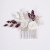 Missgrace Wedding Crystal Pearl Leaf Rhinestones Hair Comb, Silver Wine Red, Bridal Flower Side Hair Accessory for Brides Women