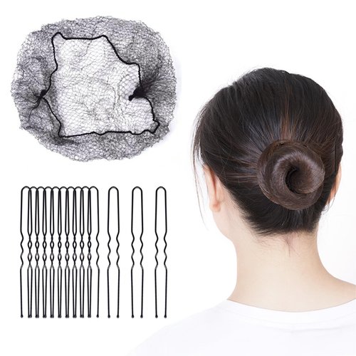 20 Inch Hair Nets and U Shaped Hair Pins Set/Hair Bun Shaper Set with 100Pcs Elastic Edge Mesh Hair Nets and 50Pcs Positioning U Shaped Hair Pins for Women Hair Bun(Black)