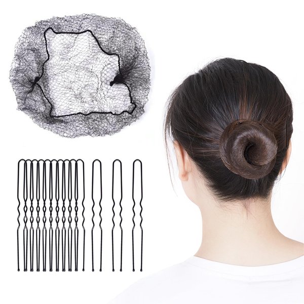 20 Inch Hair Nets and U Shaped Hair Pins Set/Hair Bun Shaper Set with 100Pcs Elastic Edge Mesh Hair Nets and 50Pcs Positioning U Shaped Hair Pins for Women Hair Bun(Black)