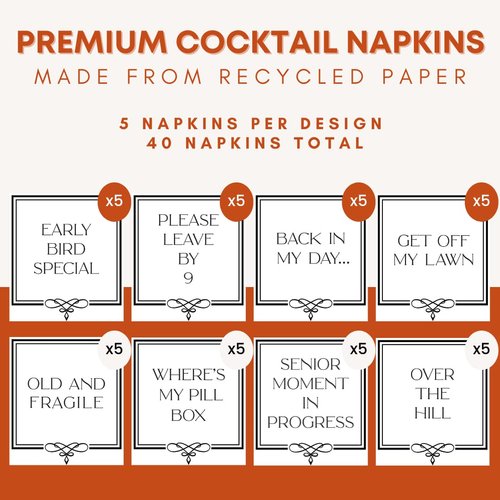 Funny Cocktail Napkins | Fun & Witty Paper Beverage Napkins for Adult Birthday Parties | 8 Unique Phrases | 40 Pack in White (40)