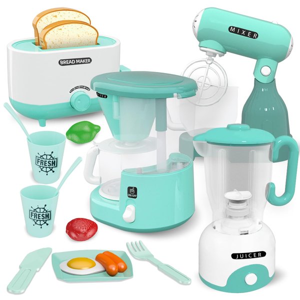 BRIGPICIOUS Toy Kitchen Sets, Pretend Play Kitchen Appliances Toy Set with Coffee Maker, Mixer, Toaster with Realistic Lights& Sounds, Birthday for Girls & Boys Ages 3 4 5 6