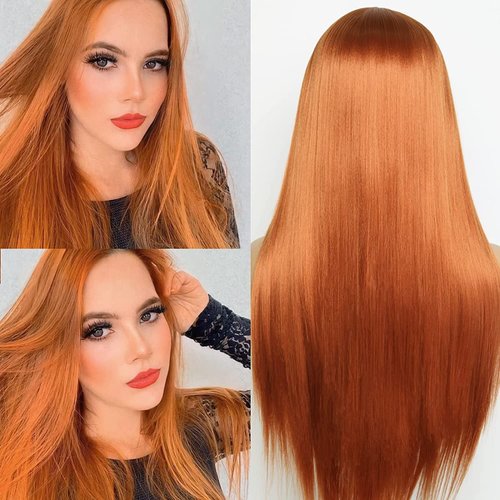 Fugady Ginger Wigs Cooper Red Wig Straight Wig Middle Part Orange Lace Front Wigs for White Women Straight Wig with Baby Hair Copper Red Wig Heat Resisant (Synthetic 24 Inches)