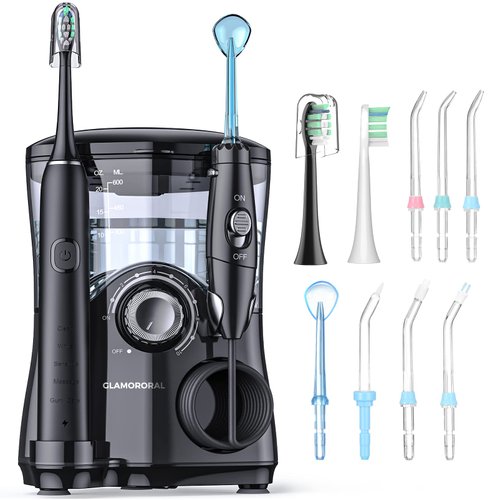 Water Flosser and Toothbrush Combo in One, 600ml Oral Irrigator Electric with 7 Jet Tips, 2 Brush Heads Whitening Toothbrushes, Dental for Braces, Black
