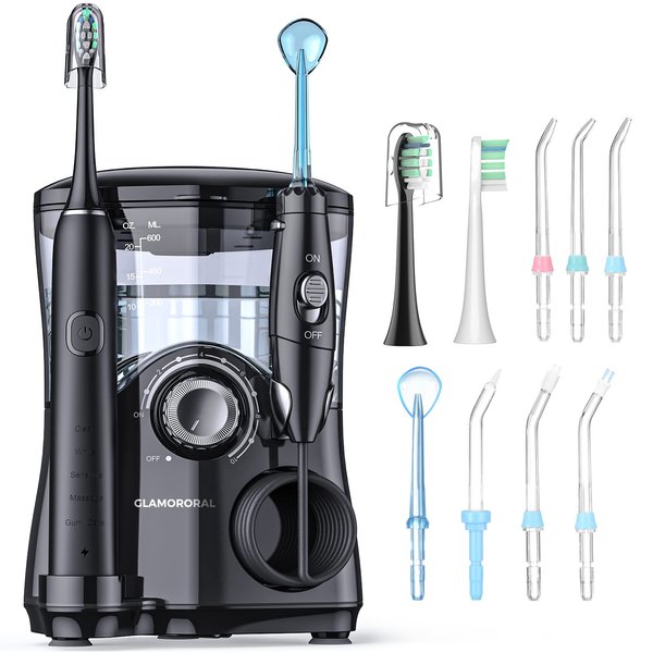 Water Flosser and Toothbrush Combo in One, 600ml Oral Irrigator Electric with 7 Jet Tips, 2 Brush Heads Whitening Toothbrushes, Dental for Braces, Black