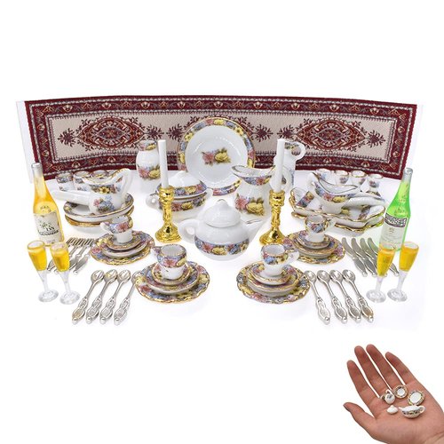 iLAND Miniature Dollhouse Accessories of Tea Set, Tableware and Mini Food for Dollhouse Furniture (Elegant)