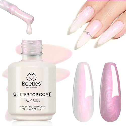 beetles Gel Polish 2 In 1 Pearlescent Glitter Gel Top Coat，Pearl Gel Nail Polish Glossy Shiny Gel Nail Polish No Wipe Gel Top Coat Soak Off UV Led Long Lasting Highly Shine Manicure