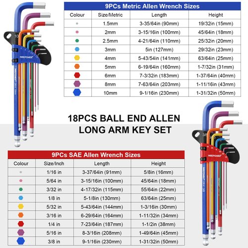 MAXPOWER 18-Piece Hex Key Allen Wrench Set, Hex Key Set SAE & Metric Extra Long Arm Ball End Set with T-Handle