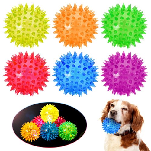 DragonflyDreams 6 Pcs Light Up Spiky Ball Dog Toy, Dog Chew Toys for Teething, Glow in The Dark Dog Balls, Spikey LED Flashing Rubber Dog Ball Bounce-Activated Puppy Toys Toss Fetch Balls