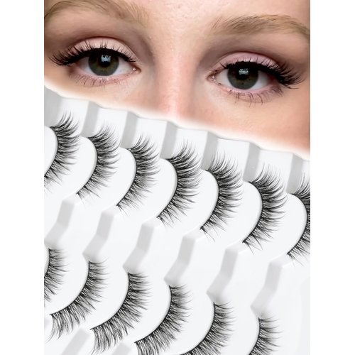 Natural Cat Eyelashes False Lashes Wispy 14mm False Eyelashes Natural Look 0.1MM Thin Band Strip Lashes Pack C Curl Fake Eyelashes Wispy Cat Eye Lashes 3D Volume Siligli Lashes 7 Pair