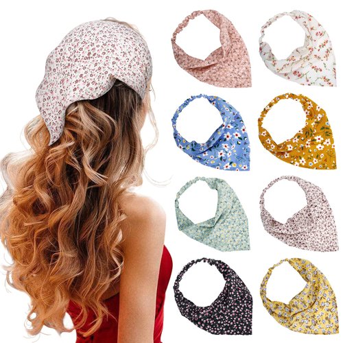 Tobeffect 8 Pack Hair Scarves Headband Elastic Boho Bandanas Scarf, Floral Chiffon Head Kerchief with Hair Pins for Women Girls Farmhouse Hair Accessories