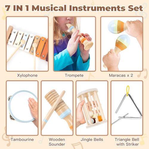 Funsland Musical Instruments for Toddlers 1-3 - 7 in 1 Montessori Wooden Percussion Music Toys Set for Kids and Babies