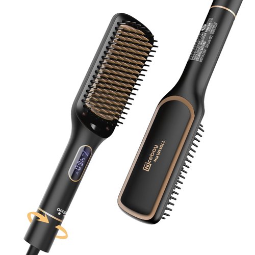 Nicebay Hair Straightener Brush with Rotatable Temperature Adjustment, 6 Temp Settings, Auto-Off, LED Display, Effective Hair Care for Women, Ceramic Heater Surface Material, Black & Gold