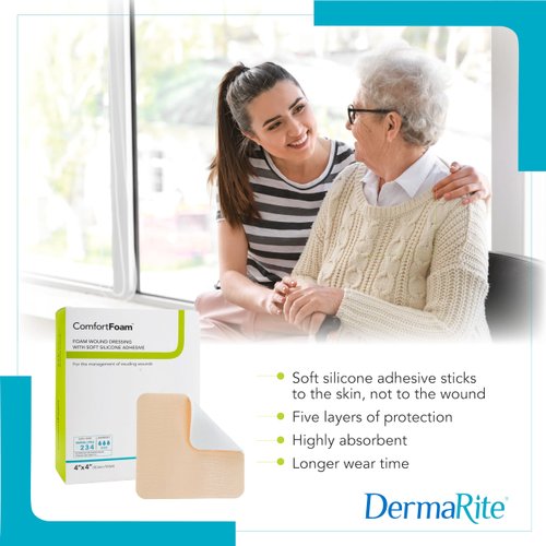 ComfortFoam Border Foam Wound Dressing, 7”x 7”, 5 Pack, Soft Silicone Adhesive, Highly Absorbent, Latex Free, Self-Adherent, Showerproof, Flexible, Cut to Fit