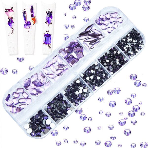 660Pcs Light Purple Nail Rhinestones Purple Crystals Nail Art Diamond Gem Round Multi Shapes Sizes Flatback Rhinestone for Nail Art DIY Jewelry Crafts Accessories