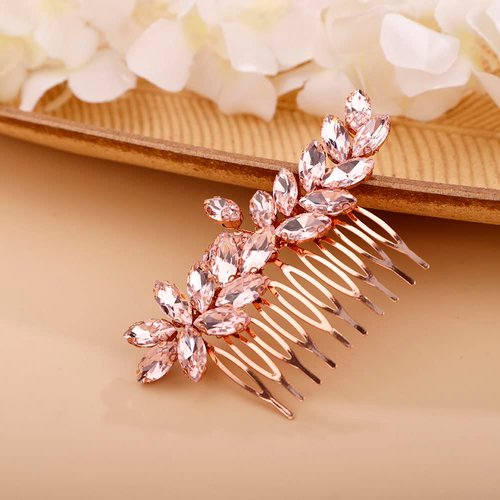 Chargances Bride Wedding Rhinestone Hair Comb Pink Crystal Hair Side Comb Fashion Handmade Headpiece Bridal Hair Accessories for Wedding Prom Flower Girl (Pink)