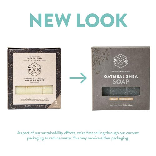 Crate 61, Handmade in Canada, Plant Based Cold Process Natural Bar Soap For Face And Body, With Premium Essential Oils, Eucalyptus & Peppermint For Men And Women 3 Pack (Oatmeal Shea (Unsented))