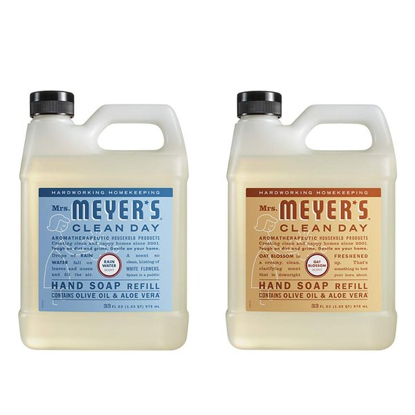 Mrs. Meyers Clean Day Liquid Hand Soap Refill, 1 Pack Rain Water, 1 Pack Oat Blosom, 33 OZ each