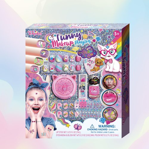 Tokidas Kids Makeup Sets Funny Makeup Playing Glow in The Dark Press on Nails Eyeshadow Blush Lip Stick Gem Stickers Kids Toys for Birthday Gifts