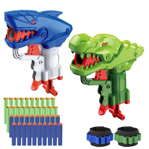 2 Pack Dinosaur Shark Mini Blaster Guns Set for Nerf Game, Small Toy Guns for Boys, 40 Refill Foam Darts 2 Wristbands, Birthday Party Favors for Kids