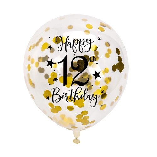 Gold 12th Confetti Latex Balloons, Girls or Boys Happy 12 Years Birthday Party Balloon Decoration With Confetti, 12in, 16 Pack