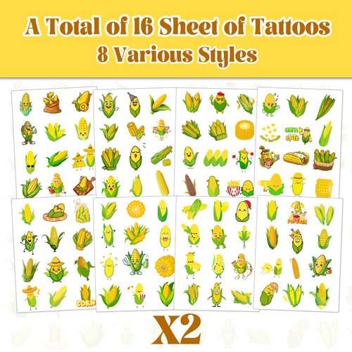192 PCS Corn On Cob Temporary Tattoos Stickers, Corn Party Favors Birthday Party Decorations Supplies for Kids Boys Girls Classroom Rewards, 16 Sheets