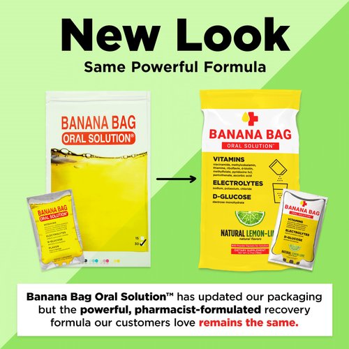 Banana Bag Oral Solution - Pharmacist Hydration Recovery Formula - Electrolyte & Vitamin Powder Packet Drink Mix - Natural Lemon Lime - Pack of 5