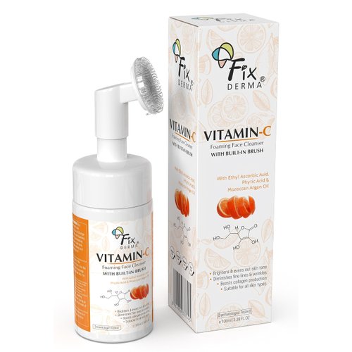 Fixderma 2% Vitamin C Foaming Face Cleanser with Brush, Face wash for Women & Men, Foaming Cleanser for skin tone, Reduces fine lines & wrinkles, Exfoliates the skin - 3.38 FL. OZ