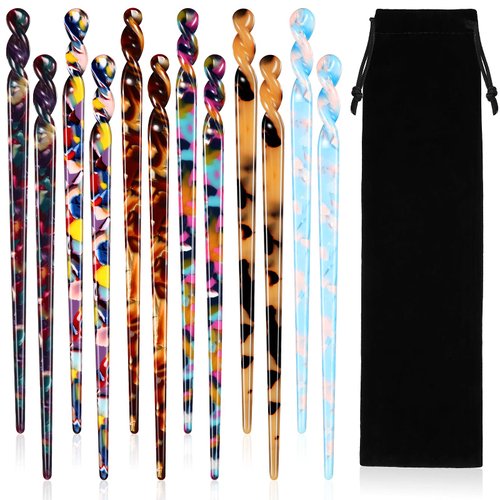 12 Pieces Acetate Hair Sticks Hair Chopsticks Tortoise Shell Hairpin Leopard Print Shell Hair Pins Vintage Chinese Hair Chopstick Hair Styling Accessories for Women, 6 Style (Vivid Pattern)