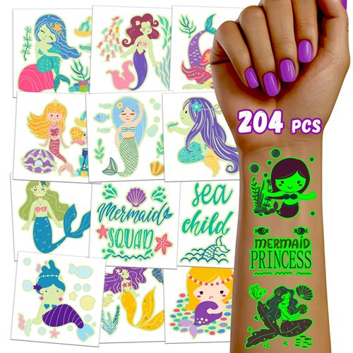 TatoYard Mermaid Tattoos for Girls, Glows Kid Temporary Tattoos Stickers Suitable for Mermaid Theme Birthday Decorations and Party Supplies, Individual Tattoos for Kids(204 PCS)