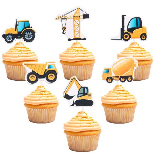 Construction Cupcake Toppers Dump Truck Tractor Excavator Car Decorations for Kids Birthday Party Supplies Cake Picks 48pcs