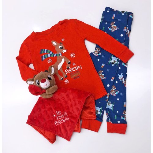 Baby Plush Rattle Snuggle Blanket with Satin and Embroidery, My First Rudolph (Red, 12 inch)