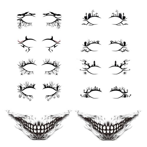 8 Pairs Halloween Eye Shadow Temporary Tattoo Stickers and Prank Mouth Tattoos, Spider Web Skull Bat Eyeliner Decals Ghost Teeth Face Makeup Stickers for Women Girls Halloween Masquerade Party