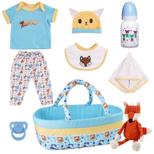 BABESIDE 9 PCS Reborn Baby Doll Clothes Set with Bassinet for 17-22 Inch Dolls, Baby Dolls Clothing Outfit Accessories with Fox Doll for Baby Doll Boy Girl
