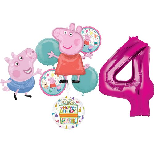 Anagram Peppa and George 4th Birthday Party Supplies Pig Foil Balloon Bouquet Decorations, BQ_4284