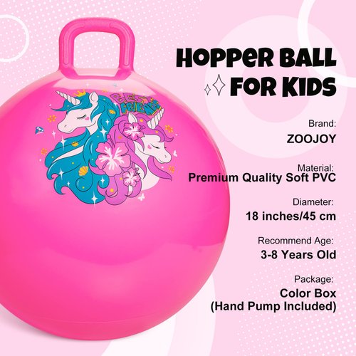 ZOOJOY Hopper Ball, Pink Bouncy Balls for Kids, 18 Inch Sit on Jumping Ball with Handle for Girls Gift Aged 3-8, Inflatable Unicorn Bounce Hopper Balls Toy with Pump