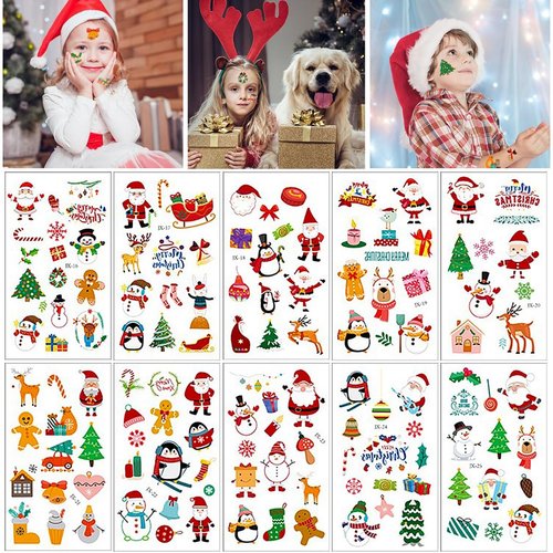 10 Sheets Christmas Temporary Tattoo Stickers Santa Claus Snowman Waterproof Fake Tattoo Stickers Children'S Cartoon Holiday Party Decoration Tattoo Stickers