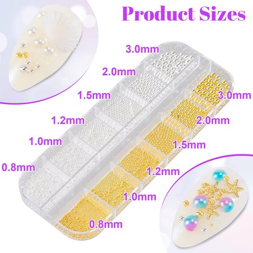 HINZIC 1 Box 3D Nail Art Pearls Mixed Sizes Mini Caviar Beads Gold Silver Rhinestones Charm Wedding Prom Nail Rivets Jewelry Make up Decoration for Women Girls