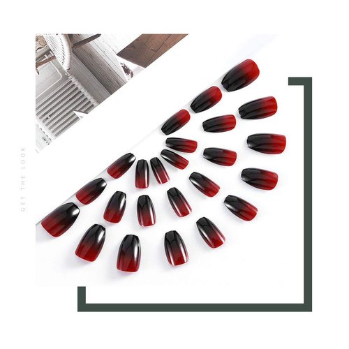 Zehope Glossy Press on Nails Black Coffin Fake Nails Halloween Ombre Full Cover Acrylic False Nail for Women and Girls (24Pcs) (Red Black)
