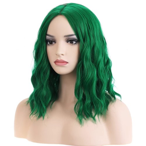 RightOn Emerald Green Wig for Women Short Curly Wig Green Bob Wig Beach Wave Wigs Shoulder Length...