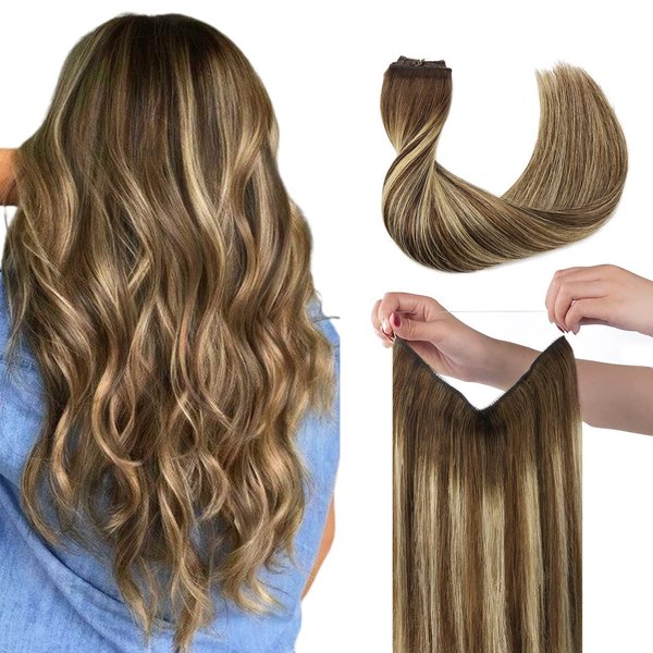 Wire Hair Extensions, 20 inch 110g Chocolate Brown with Honey Blonde Invisible Wire Fish Line Hair Extensions Straight Lashey Real Human Hair Extensions for women Remy Human Wire Hair Extensions
