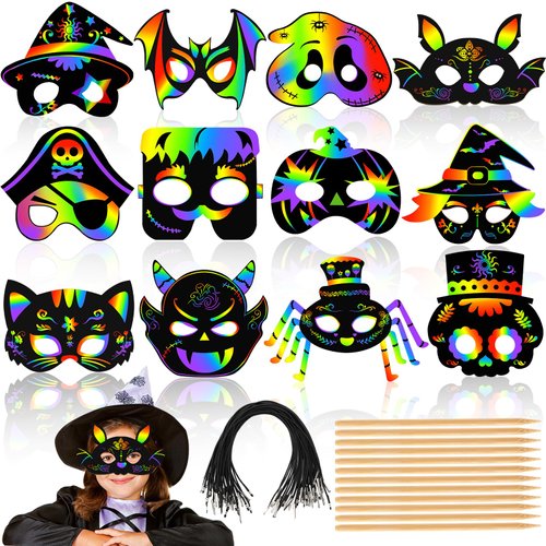 AUGSUN Halloween Crafts, 36PCS Rainbow Scratch Mask for Halloween Party Favors Supplies Cute Pumpkin Bat Witch Skull Magic Scratch Paper Art Mask for Kids Halloween Party Games