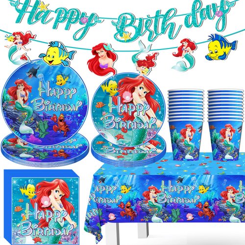 82Pcs Little Mermaid Birthday Party Decorations, Ariel Birthday Decorations Include Banner Tablecloth Plates Napkins and Paper Cups for Under the Sea Birthday Party Supplies