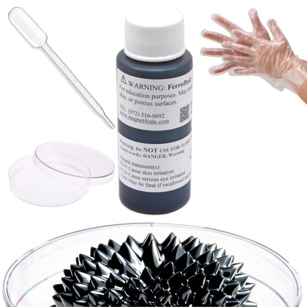 CMS MAGNETICS - (2oz Kit) Ferrofluid Science Experiment Kit for Education in Magnetism - Includes: 2 Fluid Ounce (59mL) Bottle of Ferrofluid, Gloves, Pipette, Petri Dishes