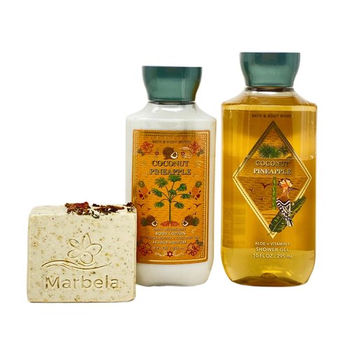Bath & Body Works Coconut Pineapple Duo Gift Set - Shower Gel - Body Lotion - with a Creamy Rose Bar Soap - Full Size