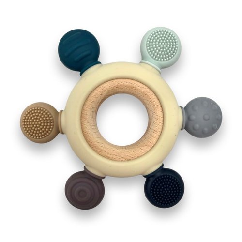 Colorful Baby Teether Toy, BPA-Free Silicone Rings with Organic Natural Wood (Multi-Blue)
