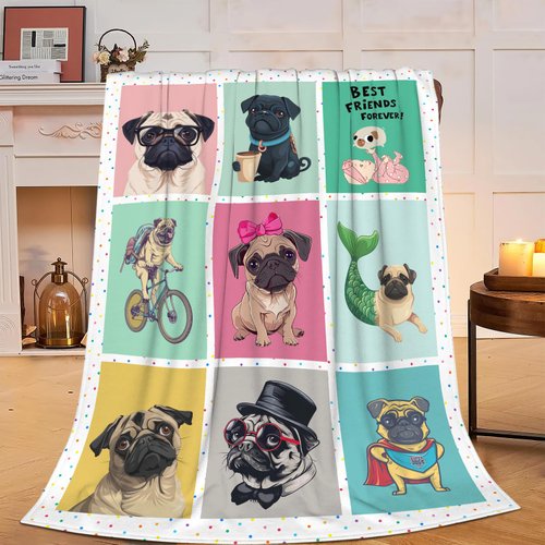 Cute Pug Blanket Cartoon Dog Fleece Throw Blanket Toddler Nursery Fuzzy Plush Super Soft Cozy Warm Pug Stuffed Animal Decor Blanket Gifts for Boys Girls Kids Adult Men Women 50"X40"