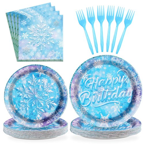 96 Pcs Frozen Party Supplies 350 GSM Disposable Winter Snowflake Frozen Plates and Napkins Fork Tableware Set Frozen Birthday Party Decorations for Christmas Winter Wonderland Decorations Serves 24