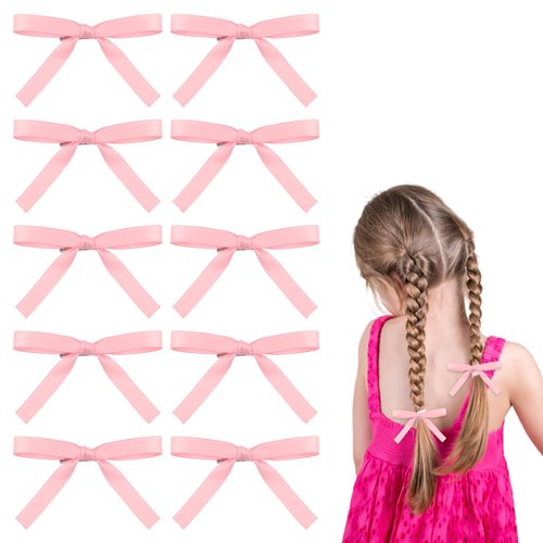 10 Pcs Bow Hair Clip Pink Ribbon Hair Clips Bow Hair Clip Ribbon Bows knot Hair Clips Silky Satin Hair Bows Hair Clip Pink Bow Hair Clips Ribbon Accessories for Girls Women