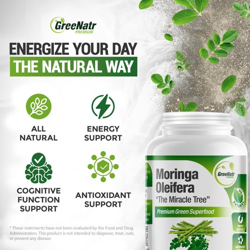 Pure Moringa Oleifera Green Superfood Capsules with Vitamin C, Omega 3 & Amino Acids - Boosts Energy, Mood, Memory, Immune Support - Made from Organic Moringa, Non-GMO - 60 Capsules (1 Bottle)